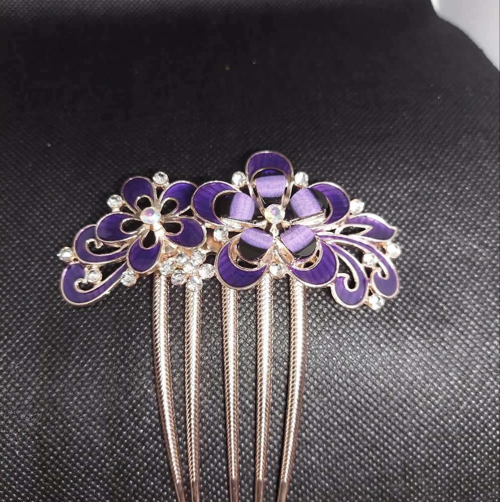 Purple Flower & Crystal Bridal Hair Comb